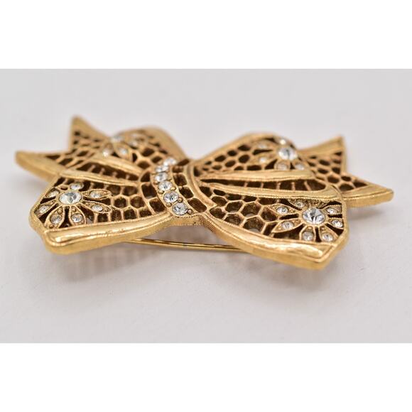 1928 Vintage Floral Bow Pin Brooch Rhinestone Crystal Antiqued Gold 1980s BinBP - Picture 8 of 12